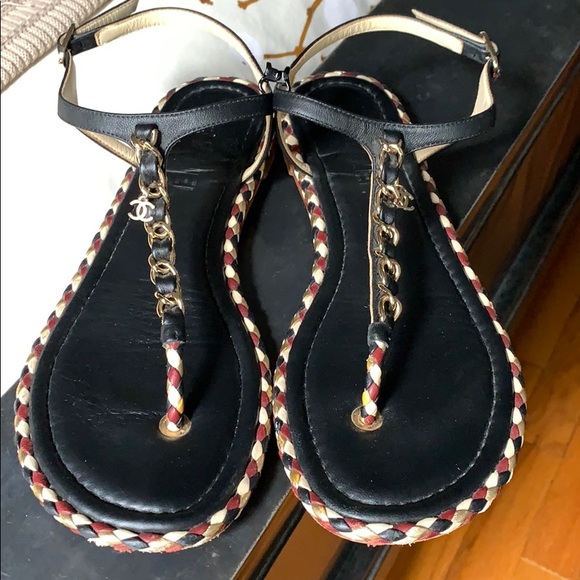 CHANEL Shoes - Chanel Chain T Strap Sandal Navy with CC Charm